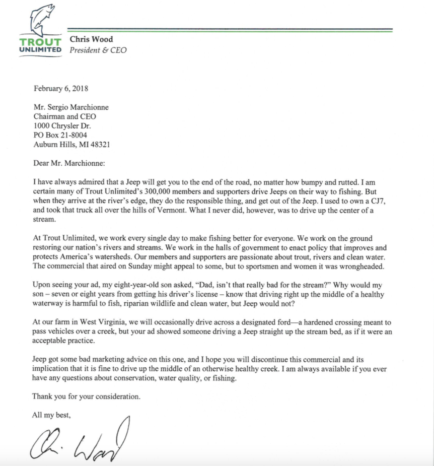 Chris Wood's Letter To Jeep - Trout Unlimited