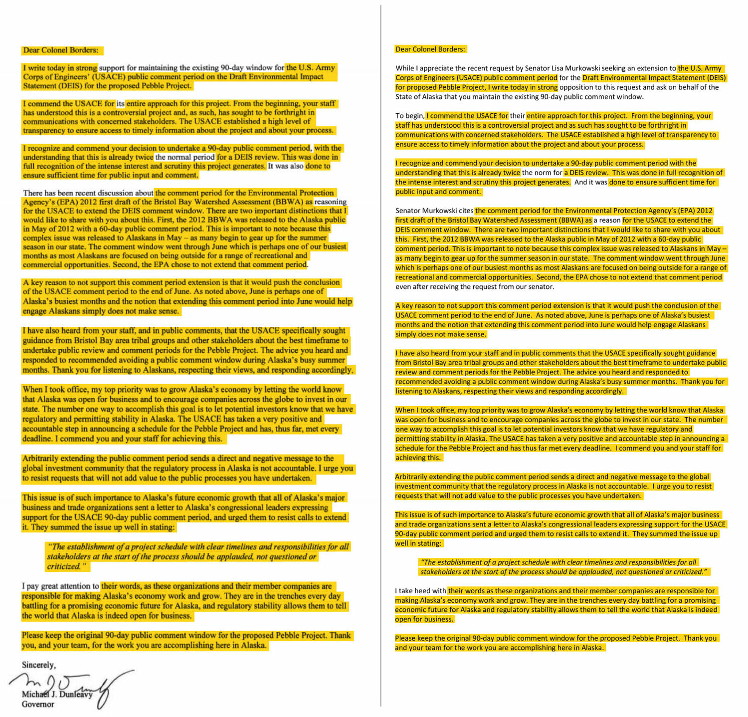 A letter sent by Alaska governor Mike Dunleavy to the U.S. Army Corps of Engineers mirrors language sent to the governor’s office by Pebble’s chief of staff. Final letter from Dunleavy (left); Proposed draft from Pebble (right). Highlighted text shows where wording matches exactly.  Graphic: Will Mullery, CNN