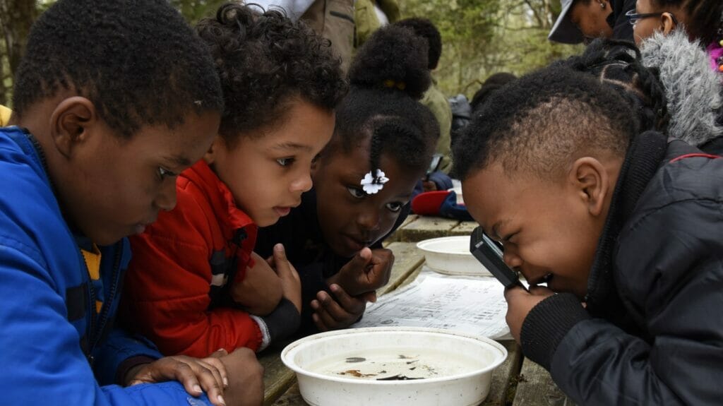 Several elementary students gather around a bowl of water, and one looks with a magnifying glass